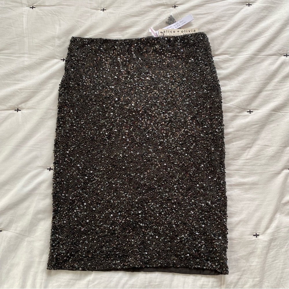 Alice + Olivia Womens Sequin Beaded Back Zip Army Green Pencil Skirt Size 10 NWT